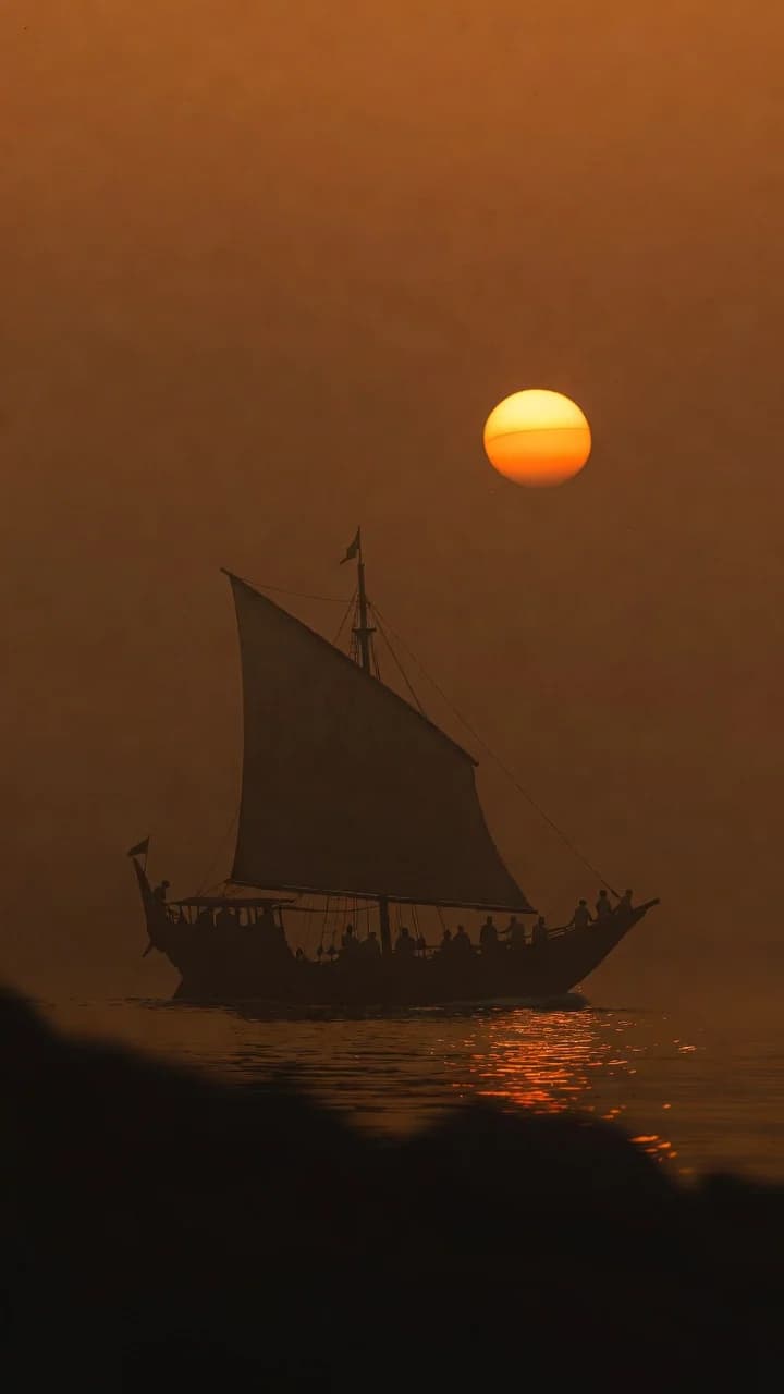 Sailing ship crossing an amber horizon